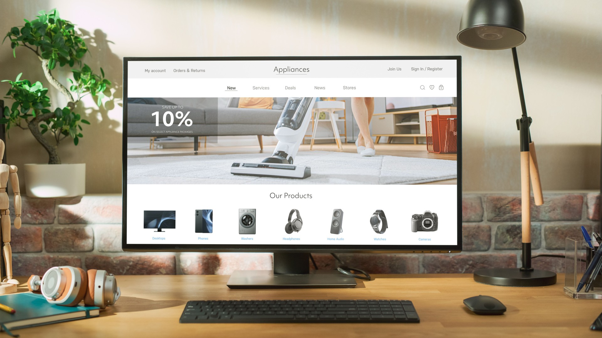 At Home Office: Desktop Computer Standing on Adjustable Table With Page of Online Store of Electronics. e-Commerce Concept of Purchasing, Buying, Ordering Tech Devices on Website.